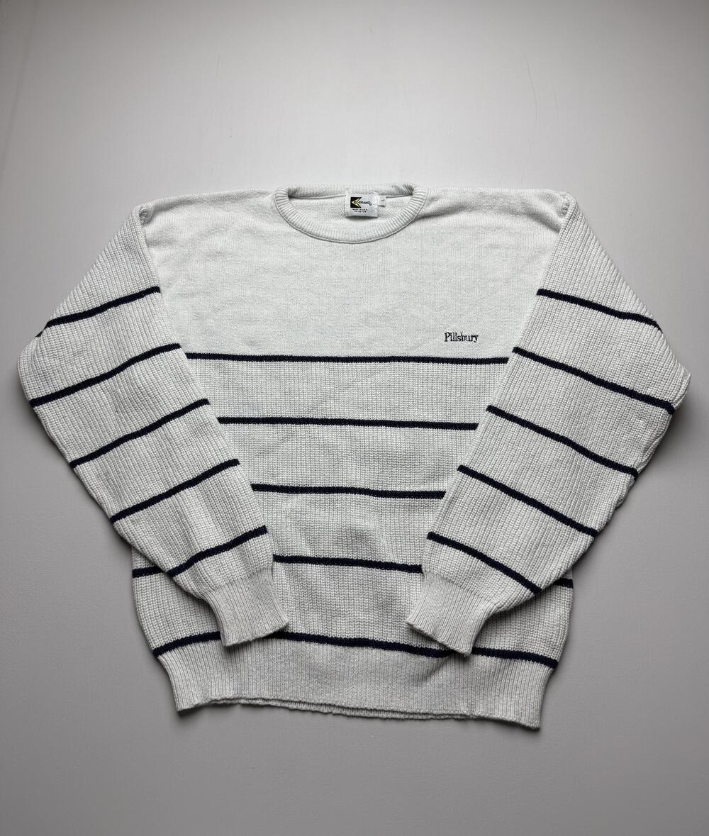 K-BRAND Pillsbury Sweater Mens Large White Stripe Crewneck Knit USA Pullover